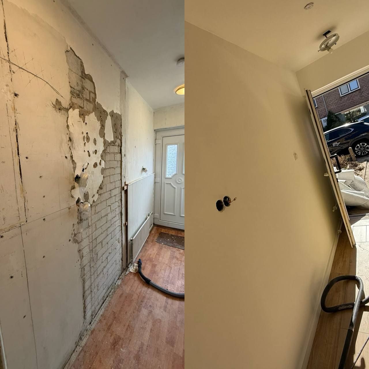 Hal: beschadigde wand hersteld en afgewerkt